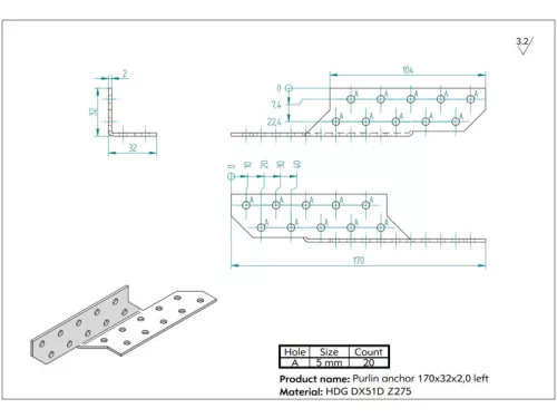 Szarufa rögzítő 170x35x35/2mm BAL horganyzott