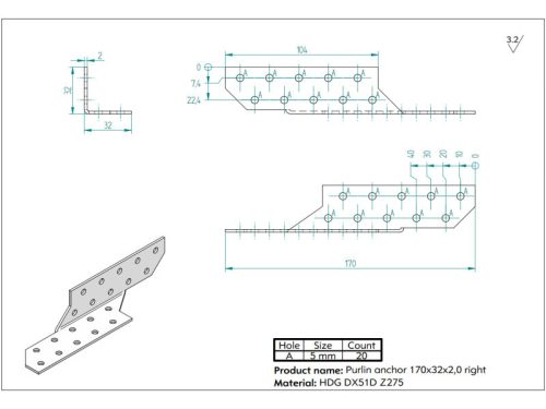 Szarufa rögzítő 170x35x35/2mm JOBB horganyzott