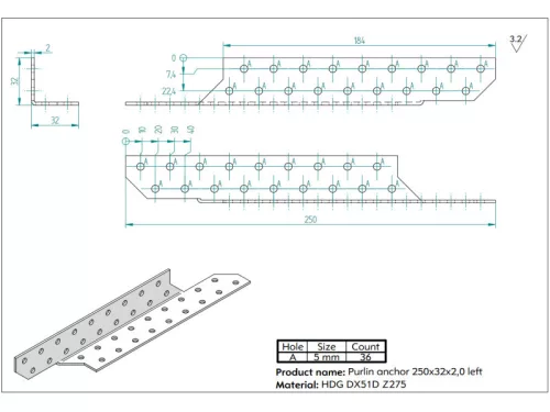 Szarufa rögzítő 250x35x35/2mm BAL horganyzott