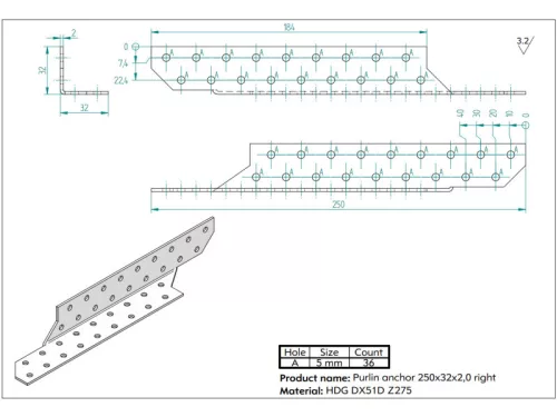 Szarufa rögzítő 250x35x35/2mm JOBB horganyzott