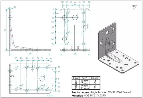 Szeglemez D ZK 90 WZ 90x90x65 erősített, lemezvastagság: 2,5mm