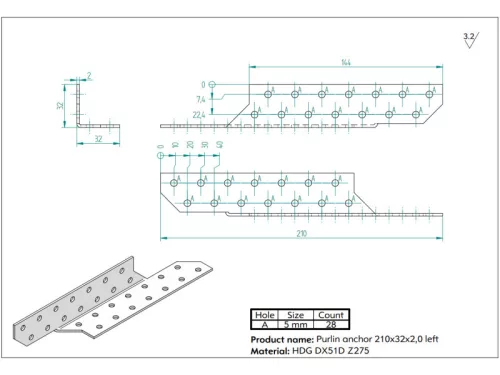 Szarufa rögzítő 210x35x35/2mm BAL horganyzott