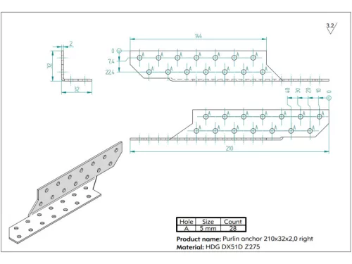 Szarufa rögzítő 210x35x35/2mm JOBB horganyzott