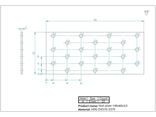 Szeglemez D PP-614, perforált 60*140 mm