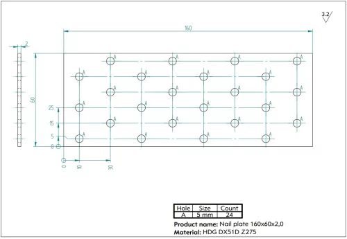 Szeglemez D PP-616, perforált 60*160 mm