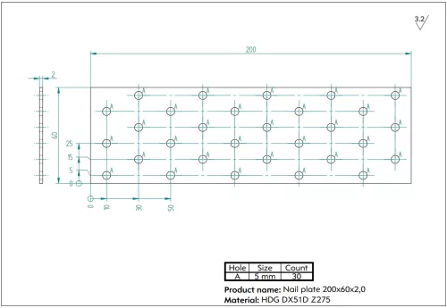 Szeglemez D PP-620, perforált 60*200 mm