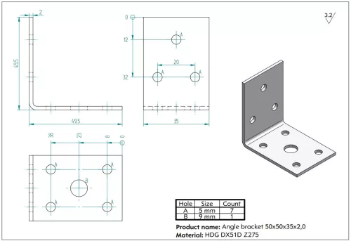 Szeglemez D ZK 553 50x50x35, lemezvastagság: 2,5mm