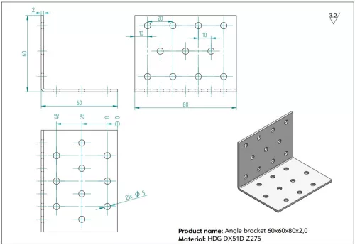 Szeglemez D KF-668, 60x60x80 mm, lemezvastagság: 2mm