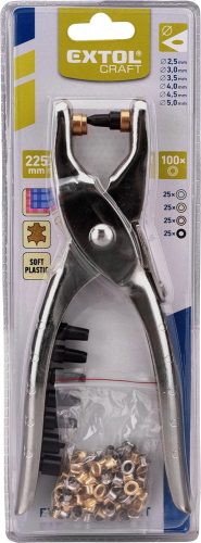 EXTOL CRAFT bőrlyukasztó klt.; fogó 225mm + 6 db lyukasztó fej: 2,5-3,0-3,5-4,0-4,5-5mm + 2 db szegecselő fej + 100 db szegecs