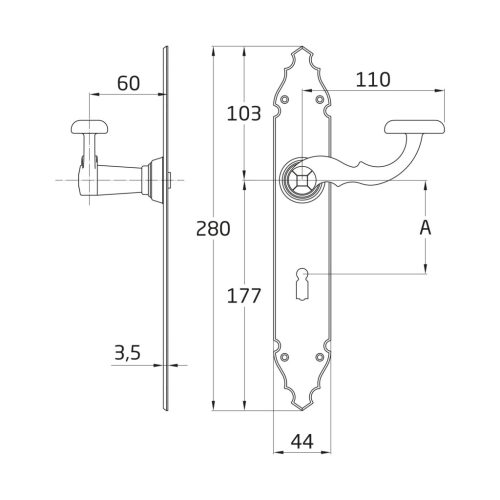 Kilincsgarnitúra festett fekete, 90mm kulcslyukas, rusztikus hatású