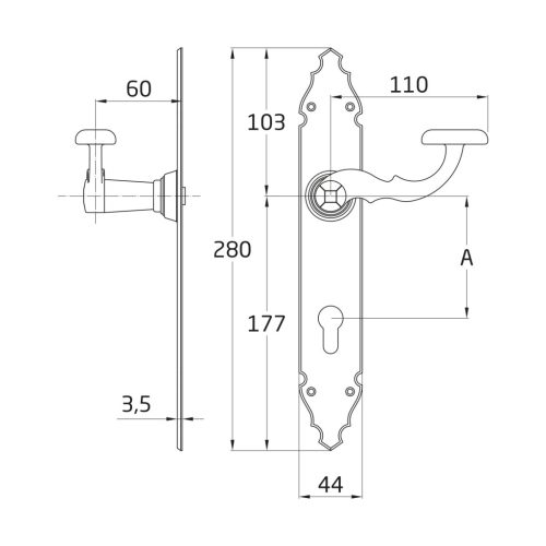 Kilincsgarnitúra festett fekete, 90mm cilinderes, rusztikus hatású