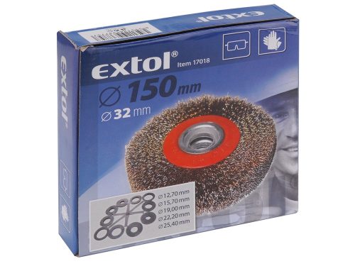 EXTOL CRAFT drótcsiszoló körkefe kettős köszörűre, 150mm, 32mm átm, műa. adapterek, hullámos szálú, rezezett acél