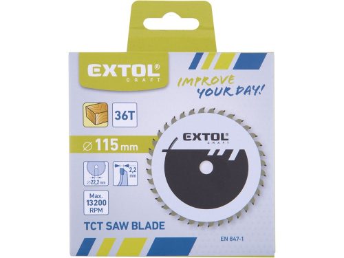 EXTOL CRAFT körfűrészlap, keményfémlapkás, 115×22,2mm (tengely átm), T36; 2,2 mm lapkaszélesség, max. 11.000 ford/perc