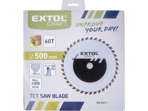 EXTOL CRAFT körfűrészlap, keményfémlapkás, 500×30mm(lyuk átm), T60; 3,8 mm lapkaszélesség, max. 3.000 ford/perc