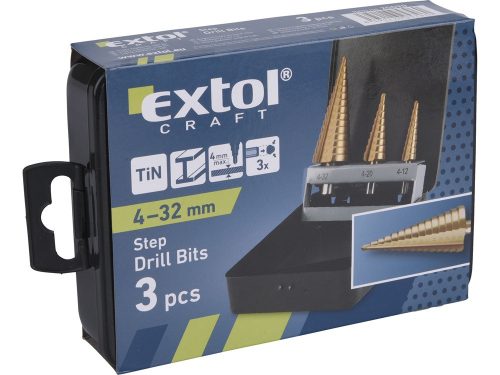 EXTOL CRAFT lépcsős fémfúró klt. 3db; (4-12mm/1mm lépcsők,4-20mm/2mm,4-32mm/2mm) befogás:10mm, max.4mm vastag anyagokhoz,TiN bevonat