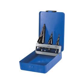   EXTOL CRAFT lépcsős fémfúró klt. 3db; (4-12mm/1mm lépcsők,4-20mm/2mm,4-32mm/2mm) befogás:10mm, max.4mm vastag anyagokhoz, spirállal