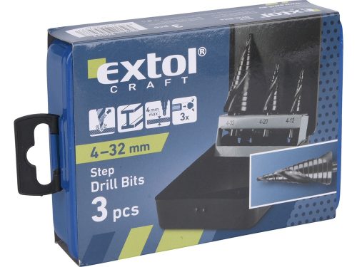 EXTOL CRAFT lépcsős fémfúró klt. 3db; (4-12mm/1mm lépcsők,4-20mm/2mm,4-32mm/2mm) befogás:10mm, max.4mm vastag anyagokhoz, spirállal