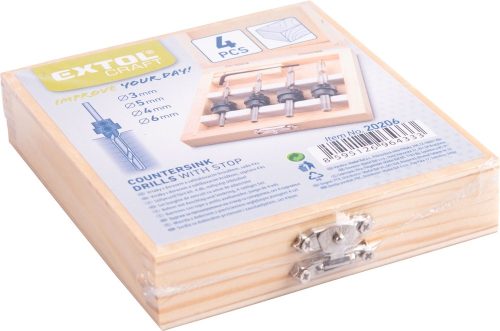 EXTOL CRAFT fafúró klt. 4db, süllyesztővel (konfirmátor csavar előfúró) 3-4-5-6mm, hossz 76-94mm, fadobozban