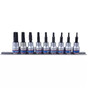   KingTony 9 részes 3/8"-os 5-szögű furatos torx bitfej/rátűzőkulcs készlet sínen hossz 50 mm, IPR10–50 3149PR8