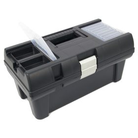   Szerszámosláda, műanyag, alucsatos, tálcával, fekete, lakatolható; 16", 415×220×200mm,  rendező felül