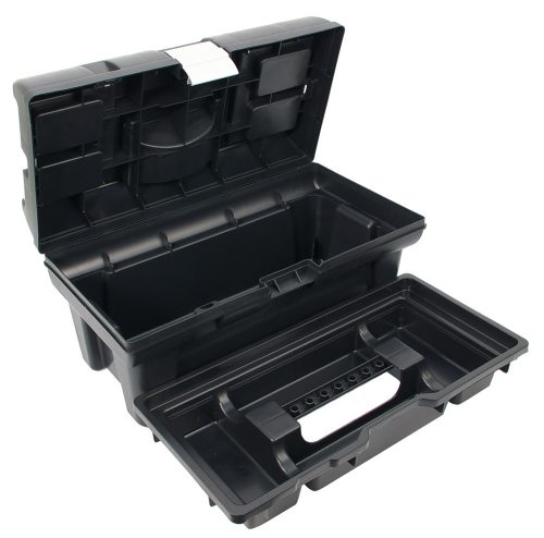 Szerszámosláda, műanyag, alucsatos, tálcával, fekete, lakatolható; 16", 415×220×200mm,  rendező felül