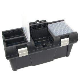   Szerszámosláda, műanyag, alucsatos, tálcával, fekete, lakatolható; 20", 525×255×245mm, rendező felül