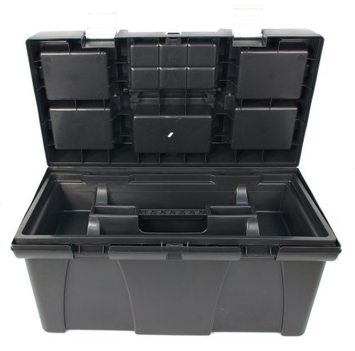 Szerszámosláda, műanyag, alucsatos, tálcával, fekete, lakatolható; 20", 525×255×245mm, rendező felül