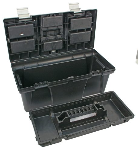 Szerszámosláda, műanyag, alucsatos, tálcával, fekete, lakatolható; 20", 525×255×245mm, rendező felül