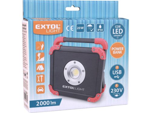 EXTOL LIGHT  hordozható LED lámpa, 20 W, COB LED; 2000 Lm, újratölthető Li-ion akkus, 6600 mAh, IP54