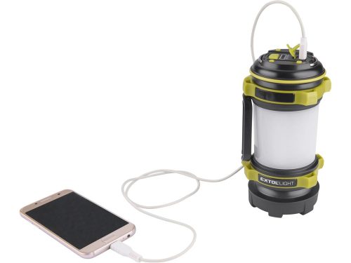 EXTOL LIGHT  LED lámpa, tölthető; 350 Lm, cserélhető Li-ion akku, 2600 mAh, powerbank funkció, cseppálló
