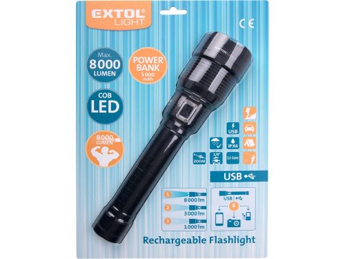 EXTOL LIGHT  LED lámpa, 60 W COB LED; 8000 Lm, ALU ház, zoom, USB újratölthető Li-ion akkus, 5000 mAh, Power Bank funkció