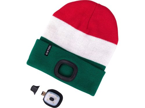 EXTOL LIGHT sapka, piros/fehér/zöld, kötött, kivehető LED homloklámpával, 4×45 Lumen; USB tölthető Li-ion, 3funkció (100%-75%-50%)