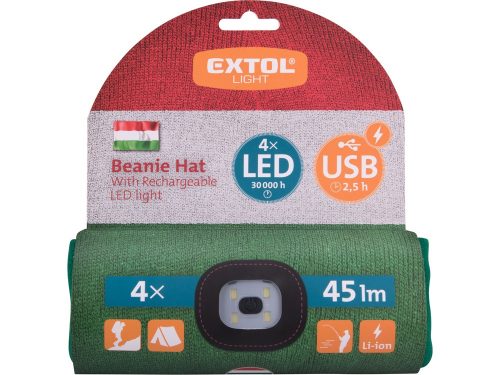 EXTOL LIGHT sapka, piros/fehér/zöld, kötött, kivehető LED homloklámpával, 4×45 Lumen; USB tölthető Li-ion, 3funkció (100%-75%-50%)