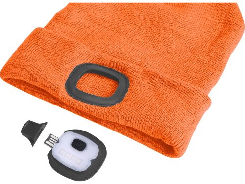 EXTOL LIGHT sapka, neon-narancs, kötött, kivehető LED homloklámpával, 4×25 Lumen; USB tölthető Li-ion akku, 3funkció (100%-75%-50%)