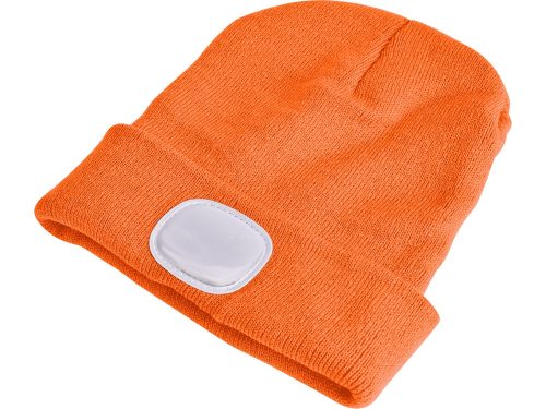 EXTOL LIGHT sapka, neon-narancs, kötött, kivehető LED homloklámpával, 4×25 Lumen; USB tölthető Li-ion akku, 3funkció (100%-75%-50%)