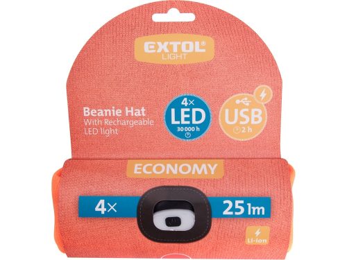 EXTOL LIGHT sapka, neon-narancs, kötött, kivehető LED homloklámpával, 4×25 Lumen; USB tölthető Li-ion akku, 3funkció (100%-75%-50%)