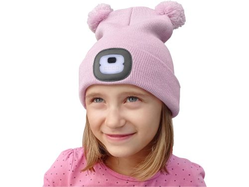 EXTOL LIGHT sapka, gyerek, rózsaszín, kötött, kivehető LED homloklámpával, 4×25 Lumen; USB tölthető Li-ion, 3funkció (100%-75%-50%)