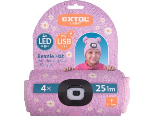 EXTOL LIGHT sapka, gyerek, rózsaszín, kötött, kivehető LED homloklámpával, 4×25 Lumen; USB tölthető Li-ion, 3funkció (100%-75%-50%)