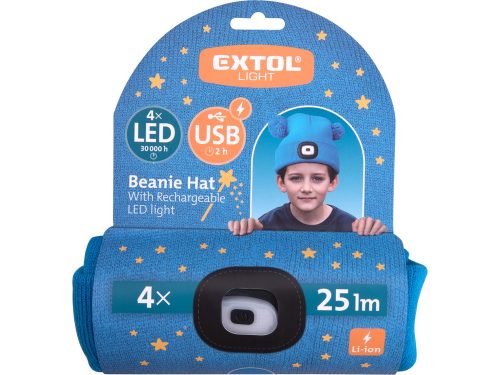 EXTOL LIGHT sapka, gyerek, kék, kötött, kivehető LED homloklámpával, 4×25 Lumen; USB tölthető Li-ion, 3funkció (100%-75%-50%)
