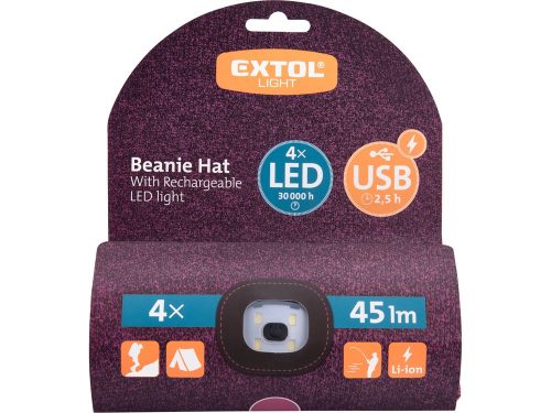 EXTOL LIGHT sapka, lila/fekete, kötött, kivehető LED homloklámpával, 4×45 Lumen; USB tölthető Li-ion, 3funkció (100%-75%-50%)