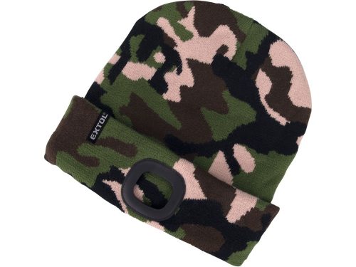 EXTOL LIGHT sapka, terepszínű, kötött, kivehető LED homloklámpával, 4×45 Lumen; USB tölthető Li-ion, 3funkció (100%-75%-50%)
