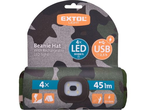EXTOL LIGHT sapka, terepszínű, kötött, kivehető LED homloklámpával, 4×45 Lumen; USB tölthető Li-ion, 3funkció (100%-75%-50%)