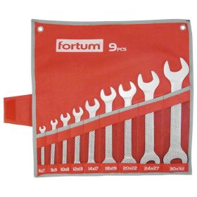   FORTUM  villás kulcs klt. 9db 6-32mm, 61CrV5, mattkróm; 6×7, 8×9, 10×11, 12×13, 14×17, 18×19, 20×22, 24×27, 30×32mm, vászon tok