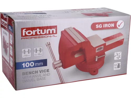 FORTUM  satu forgatható;100 mm, 8 kg, max.befogás: 110 mm, max. összeszorító erő: 13 kN, pofák keménysége: HRC 50-54