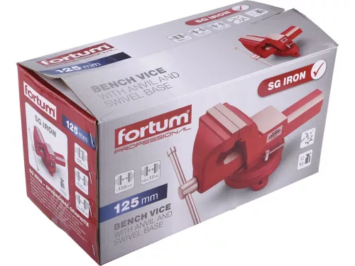 FORTUM  satu forgatható;125 mm, 12 kg, max.befogás: 135 mm, max. összeszorító erő: 17 kN, pofák keménysége: HRC 50-54