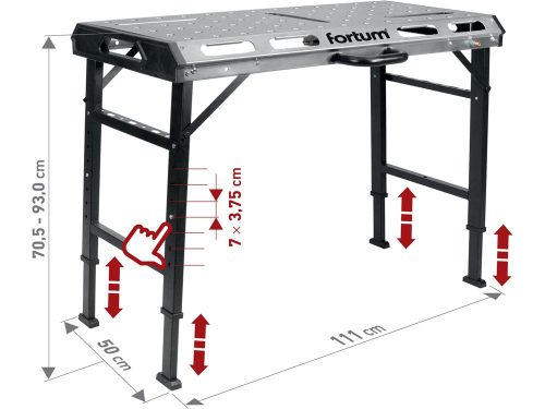 FORTUM hordozható hegesztő pad, állítható, összecsukható; magasság: 705 - 930 mm