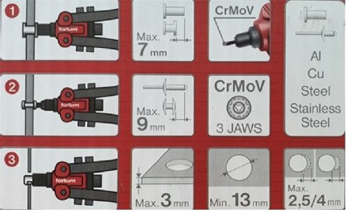 FORTUM  szegecsanya- és popszegecshúzó fogó, 3az1ben, kétkaros; 260mm, CrVMo fej, FORTUM