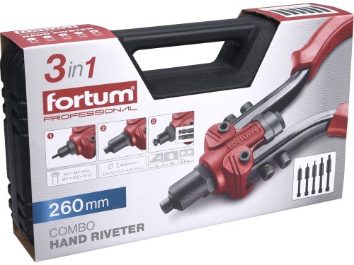 FORTUM  szegecsanya- és popszegecshúzó fogó, 3az1ben, kétkaros; 260mm, CrVMo fej, FORTUM