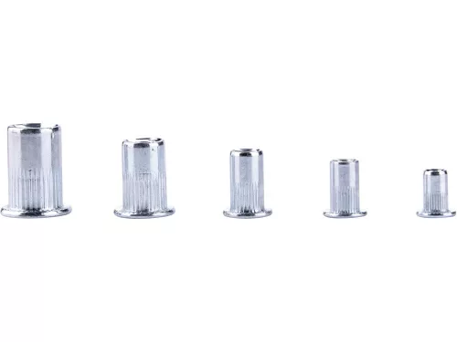 FORTUM szegecsanya klt. 40 db, M3-M8, POP-NUT, horganyzott acél, kerek, nyitott, lapos peremű, rovátkolt FORTUM