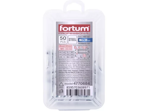 FORTUM szegecsanya klt. 50 db, M4, POP-NUT, horganyzott acél, kerek, nyitott, lapos peremű, rovátkolt FORTUM